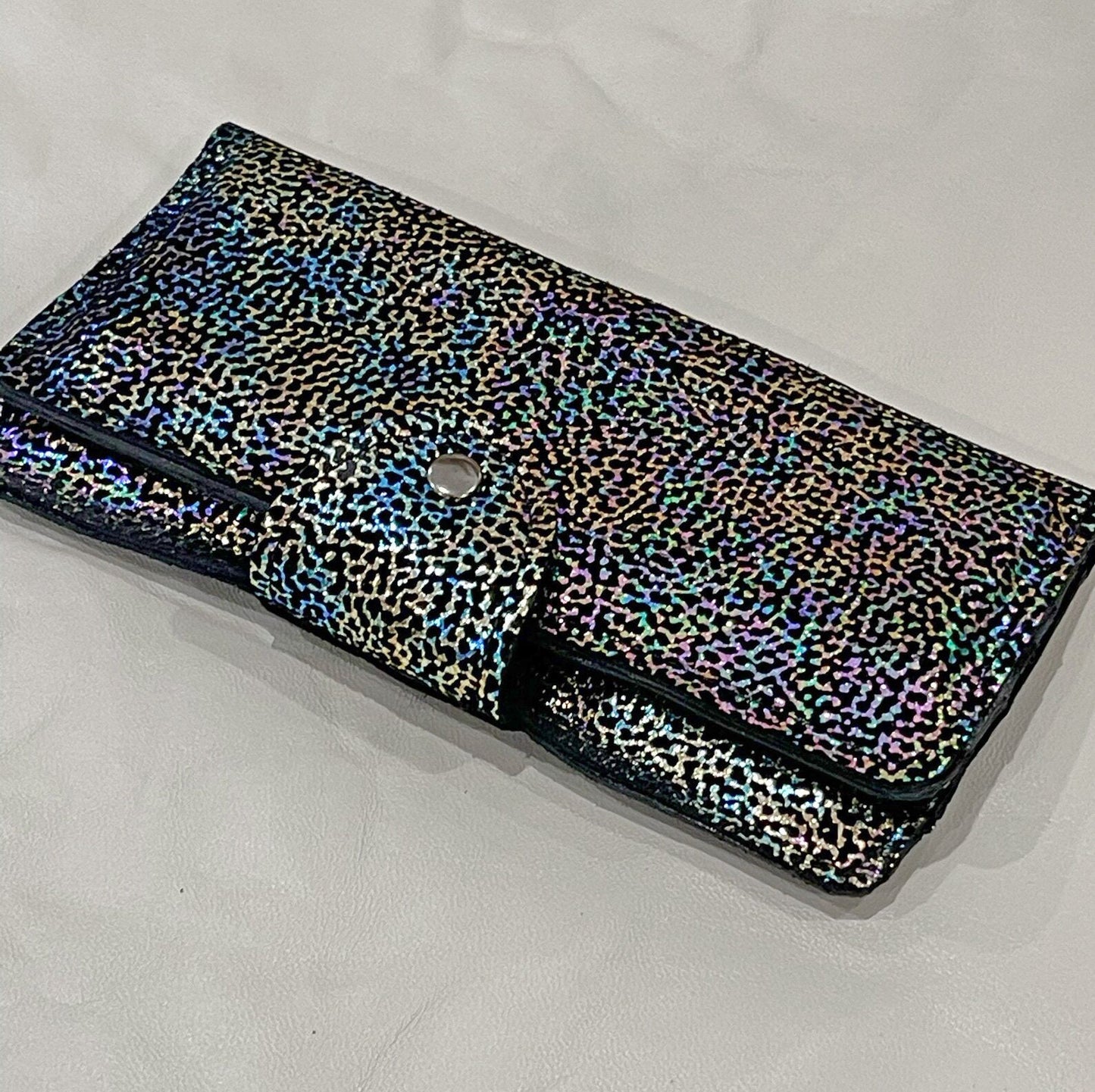 Metallic Rainbow Coral Leather wallet purse with zipper pocket
