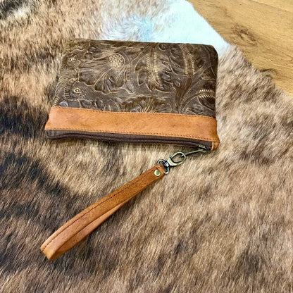 Tooled Leather Wristlet, Australian western floral embossed clutch