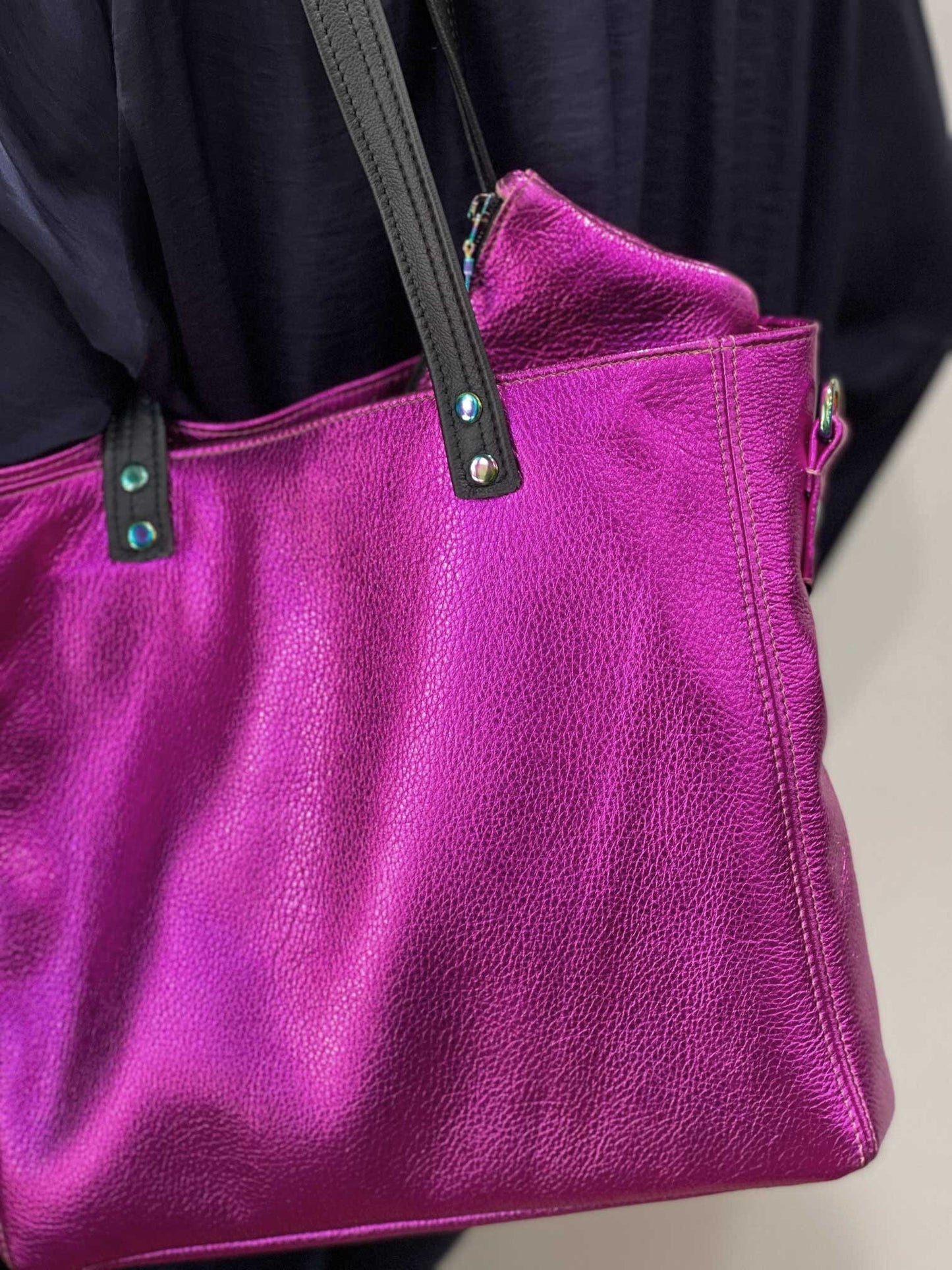 Fuchsia Pink Metallic Leather Tote, free leather purse