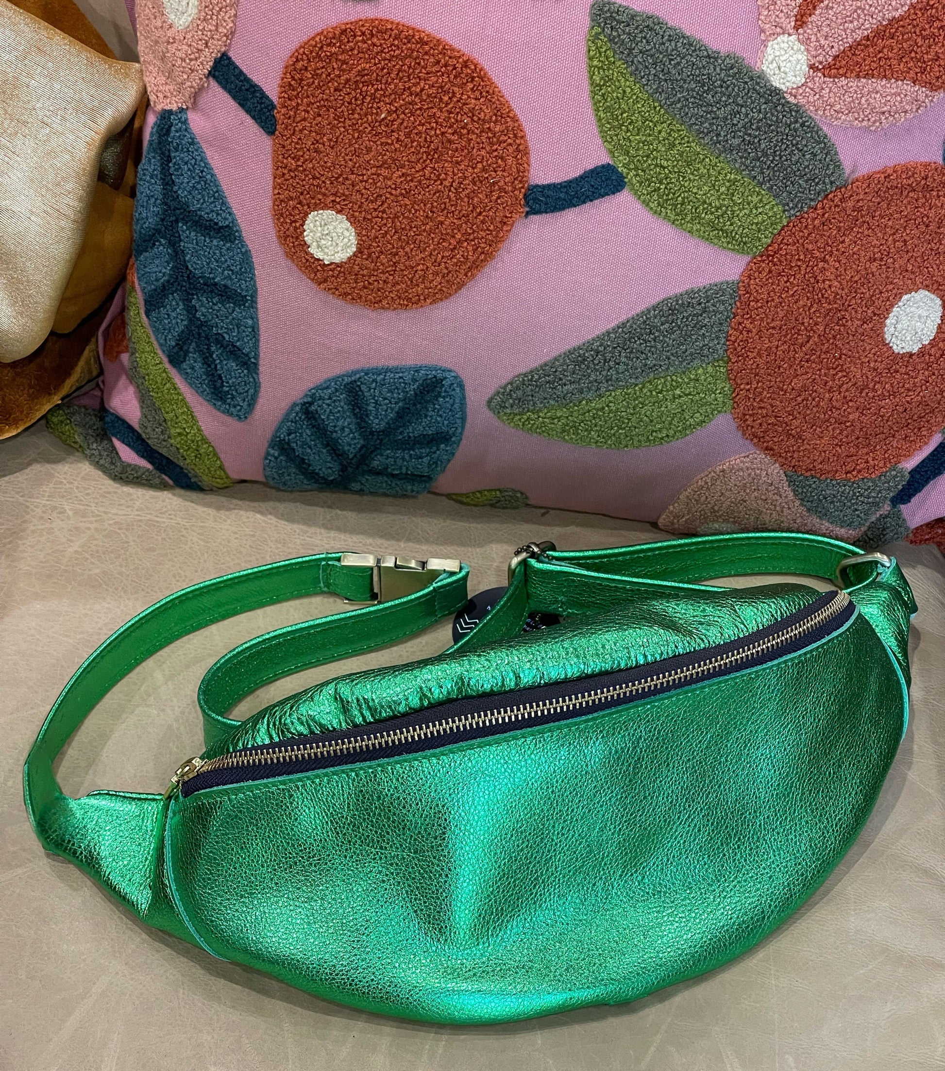 emerald green metallic fanny pack with silver zipper