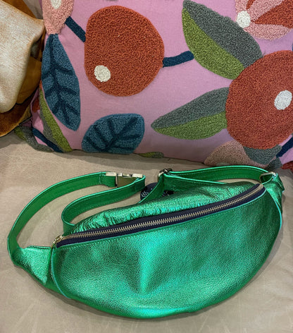 emerald green metallic fanny pack with silver zipper