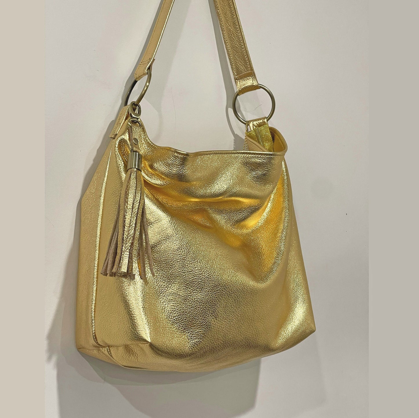 Metallic gold crossbody bag, true gold, premium soft metallic leather
