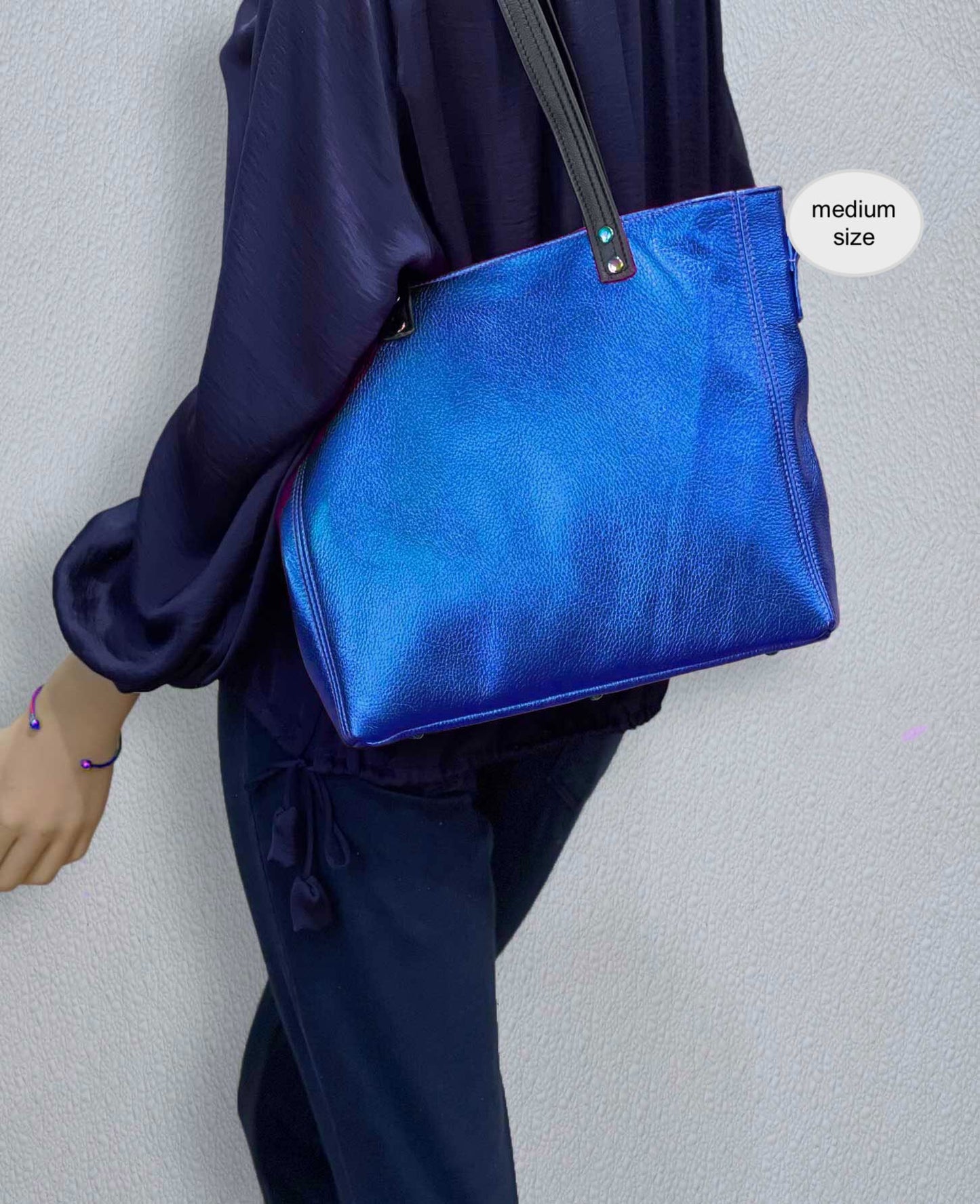 Metallic Cobalt Leather Tote, Soft relaxed luxury metallic leather, free leather purse, electric blue
