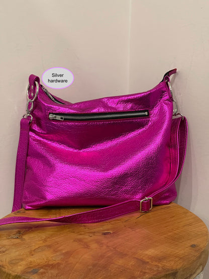 Metallic fuchsia pink crossbody bag