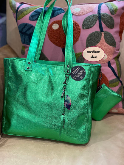 Emerald Green Metallic Leather Tote, free leather purse