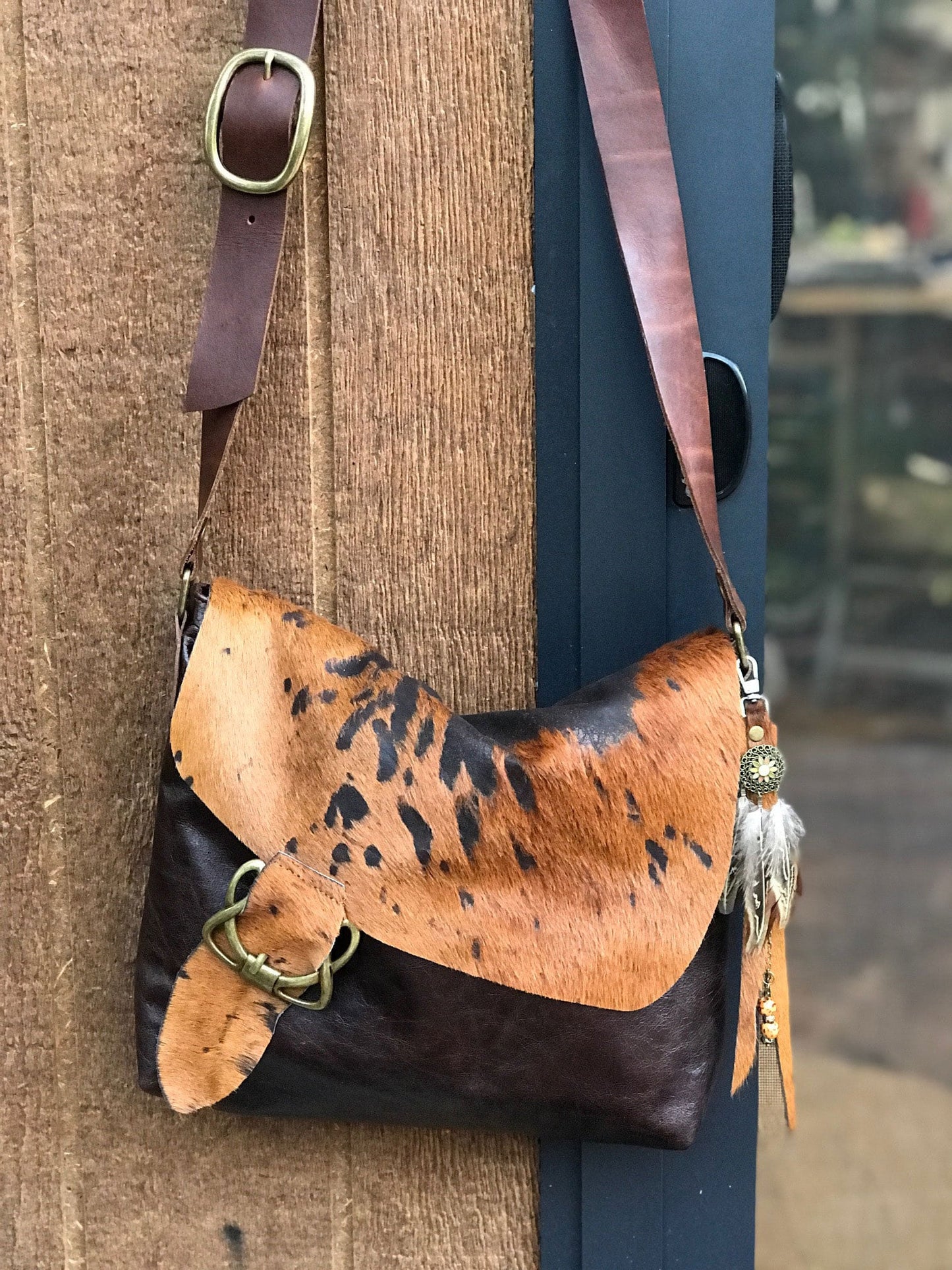Cowhide Celtic Leather Crossbody, wide strap, vintage brown leather, OOAK IN STOCK