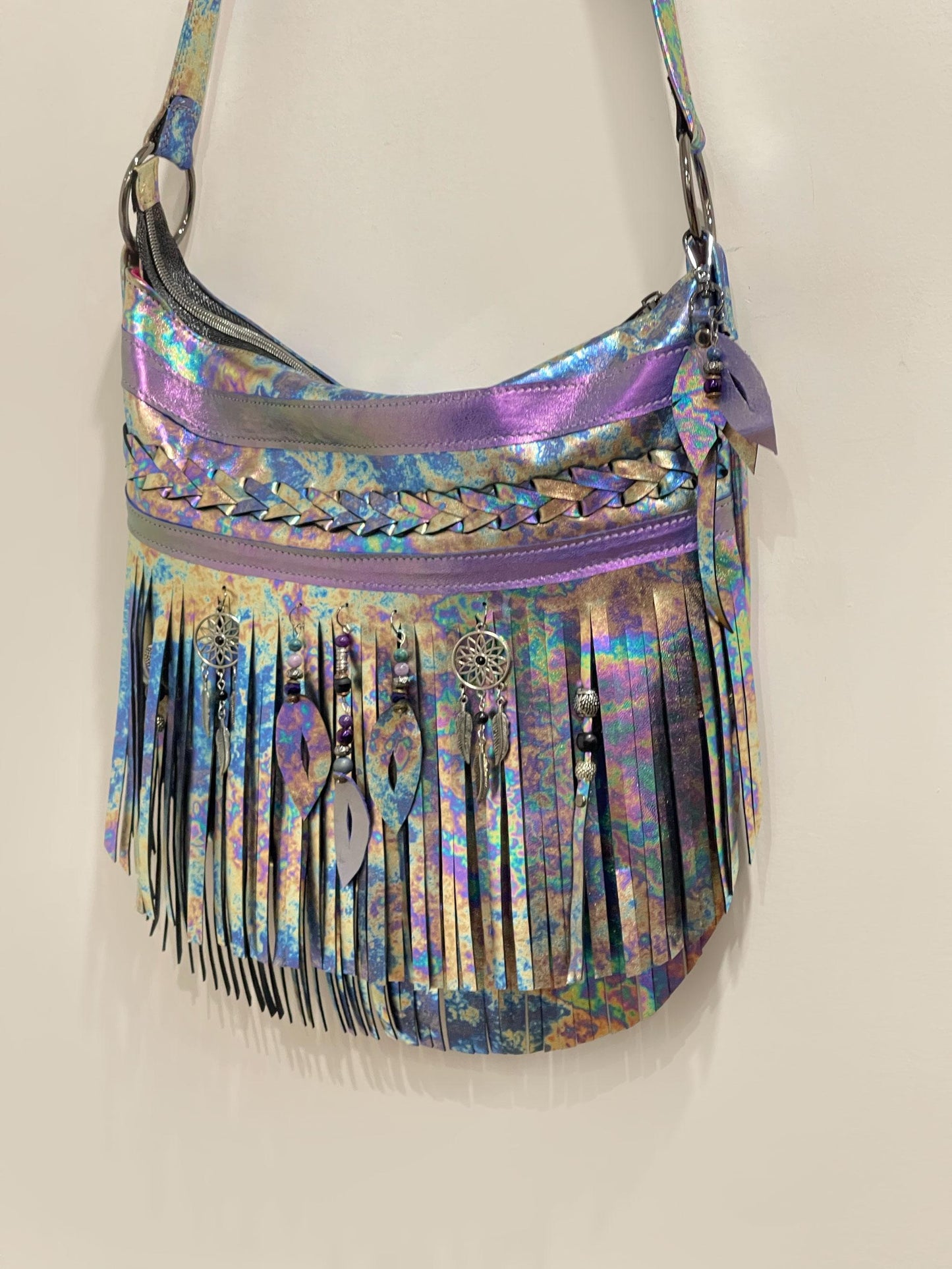 Oil slick Metallic Leather Fringe hobo bag