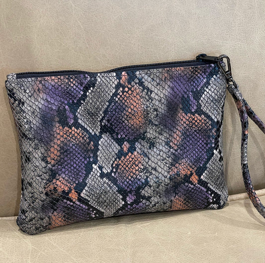 colourful snakeskin patterned zipper wristlet with a strap handle