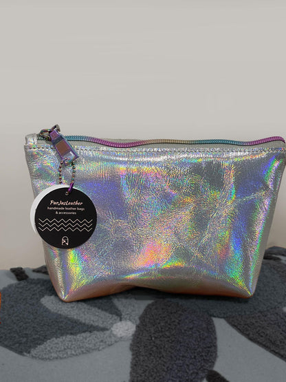 Holographic iridescent silver Leather makeup purse, lined cosmetic purse