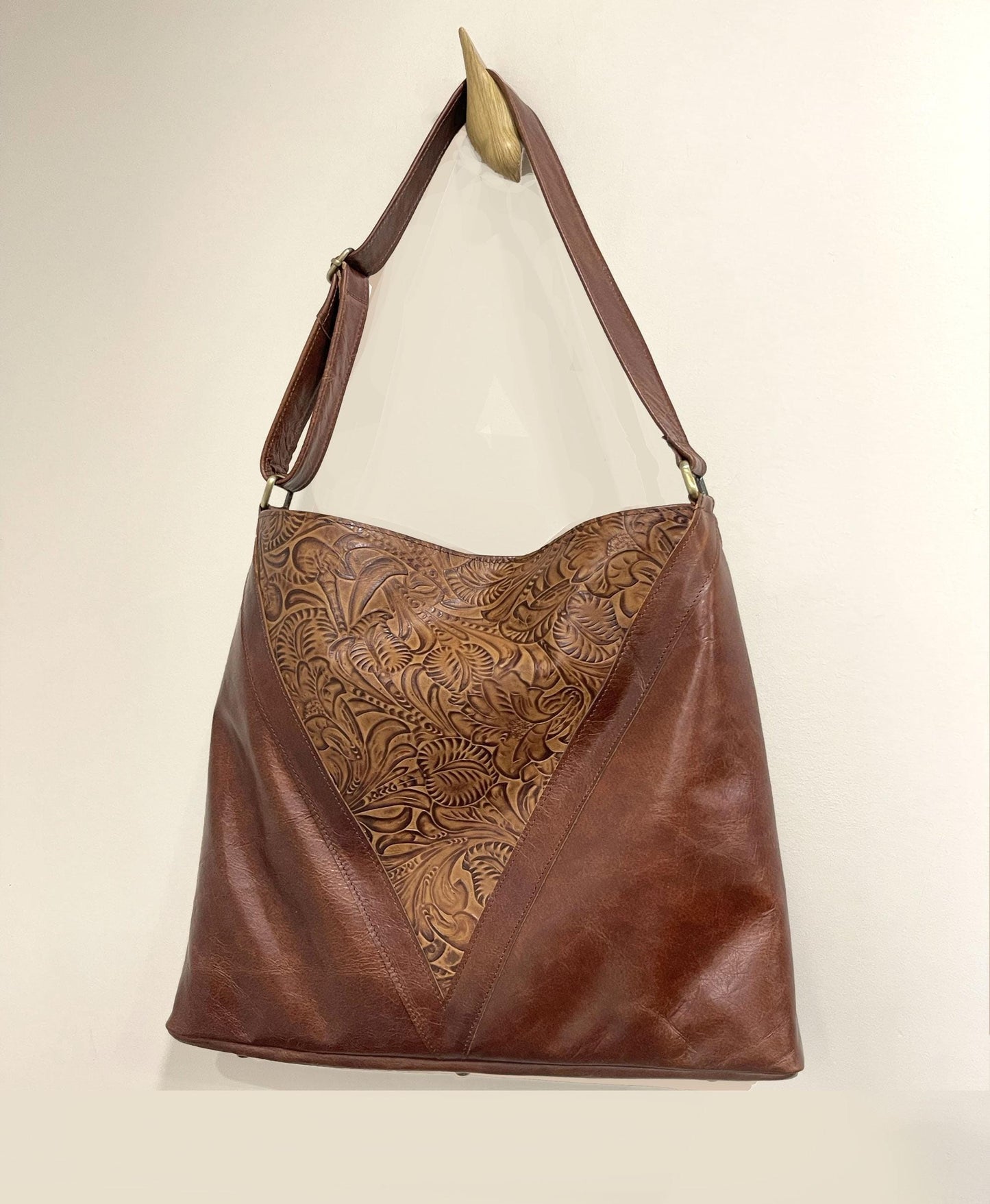 Brown tooled leather Tote bag, Premium Leather, flower and leaf design