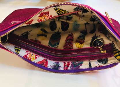 Hot Pink Metallic Leather crossbody with turn clasp close