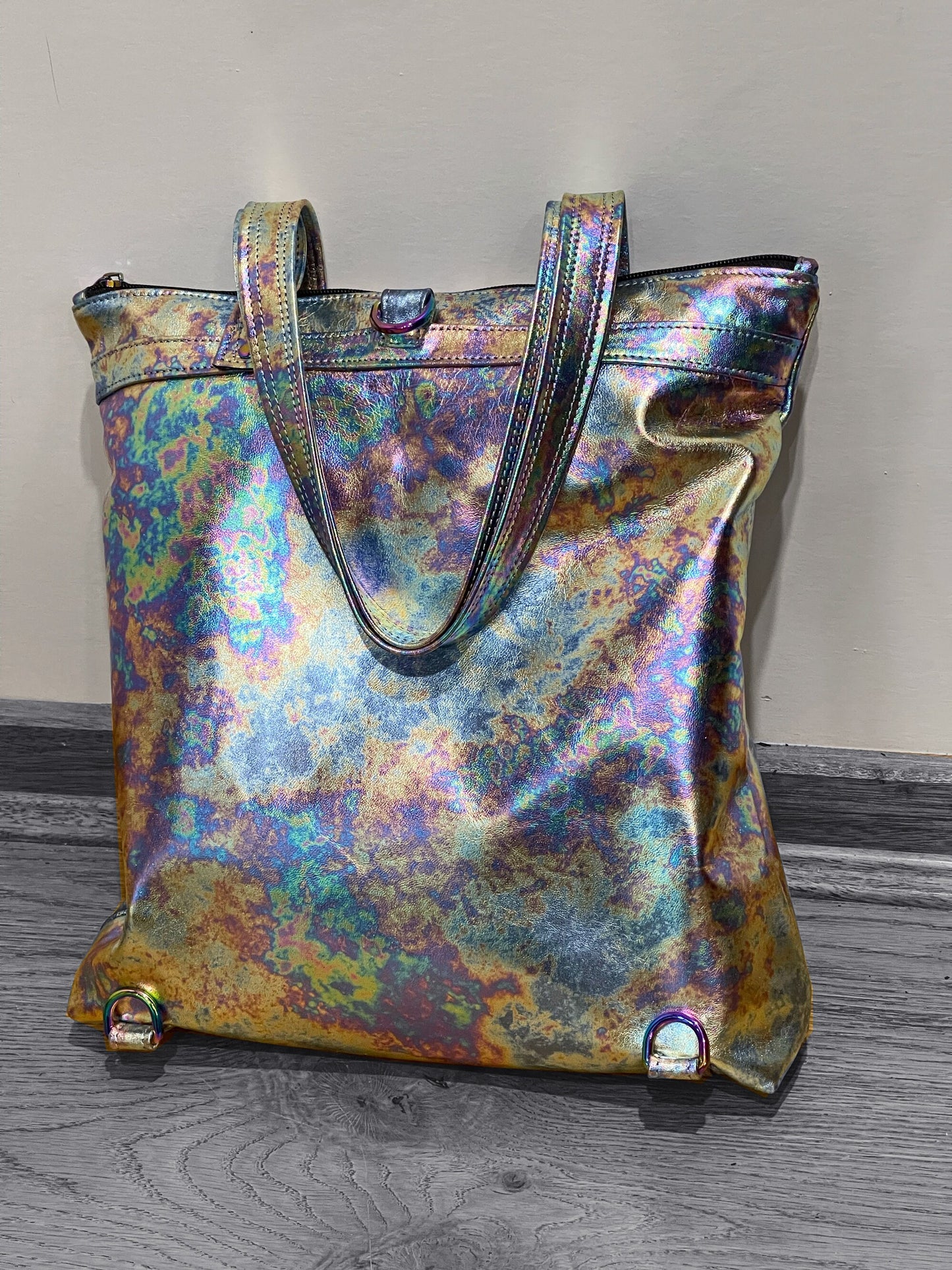 Metallic Oil Slick leather backpack and tote, FREE purse