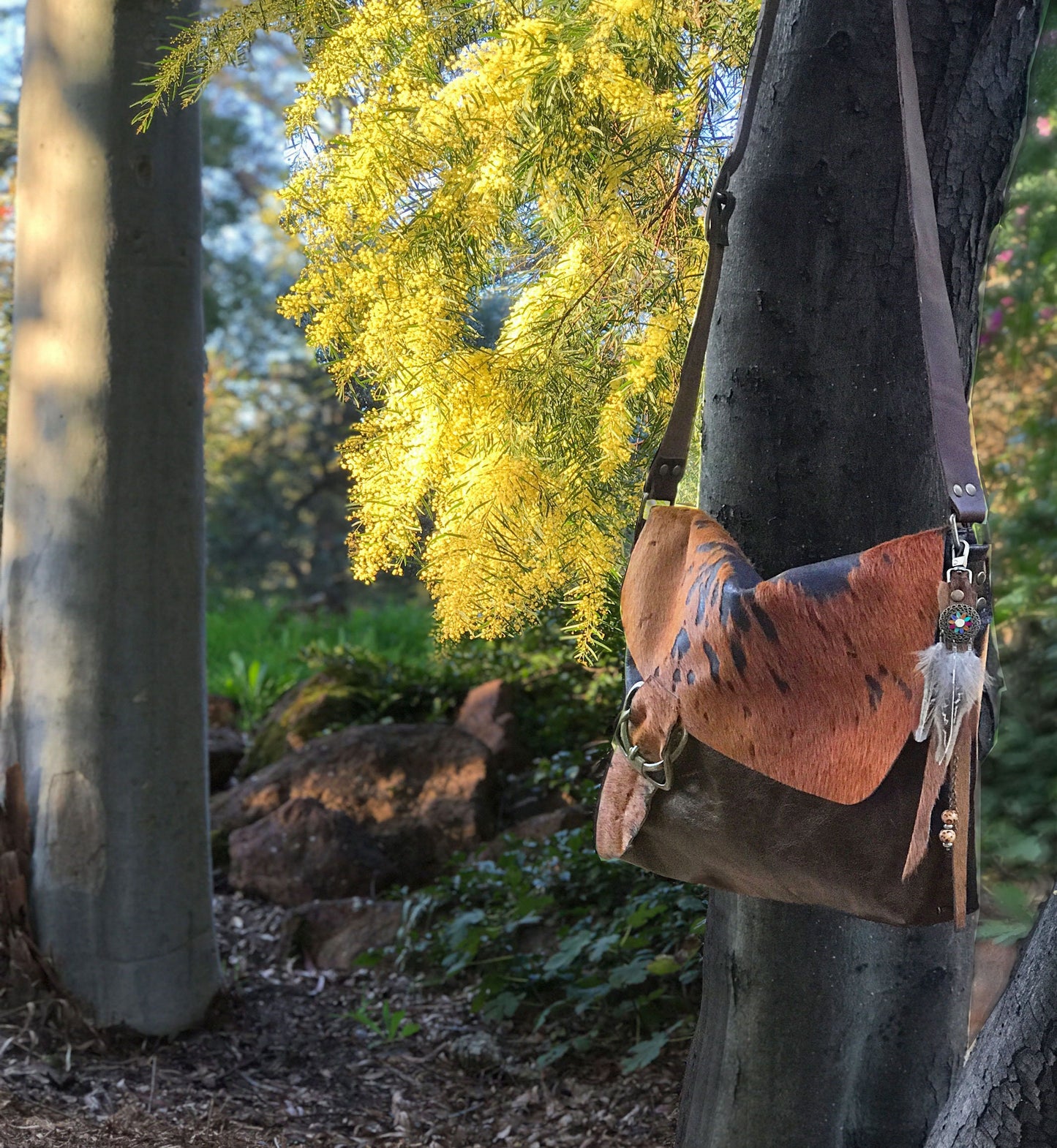 Cowhide Celtic Leather Crossbody, wide strap, OOAK cowhide