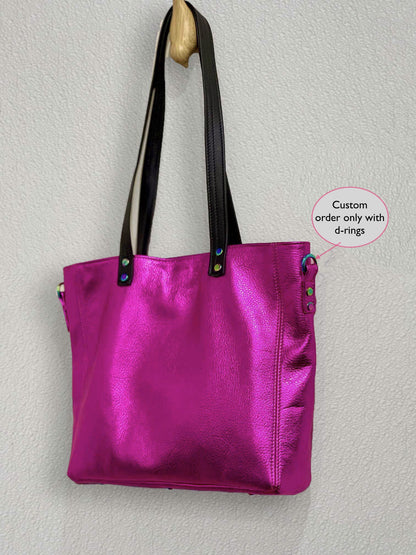 Fuchsia Pink Metallic Leather Tote, free leather purse