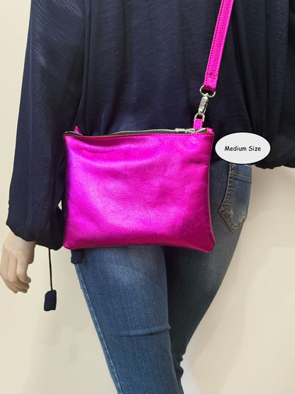Hot pink or fuchsia metallic leather wristlet or crossbody Bag