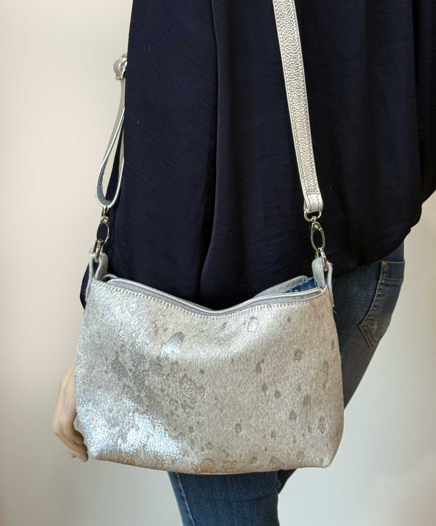 White Holographic Acid Wash Cowhide, Iridescent soft crossbody bag