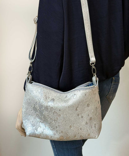 White Holographic Acid Wash Cowhide, Iridescent soft crossbody bag