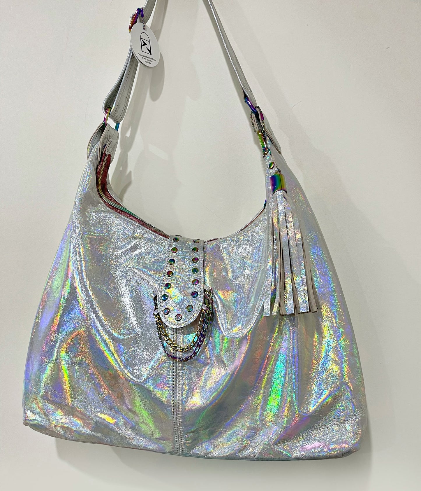 Holographic Leather Hobo, iridescent silver Italian premium leather IN STOCK