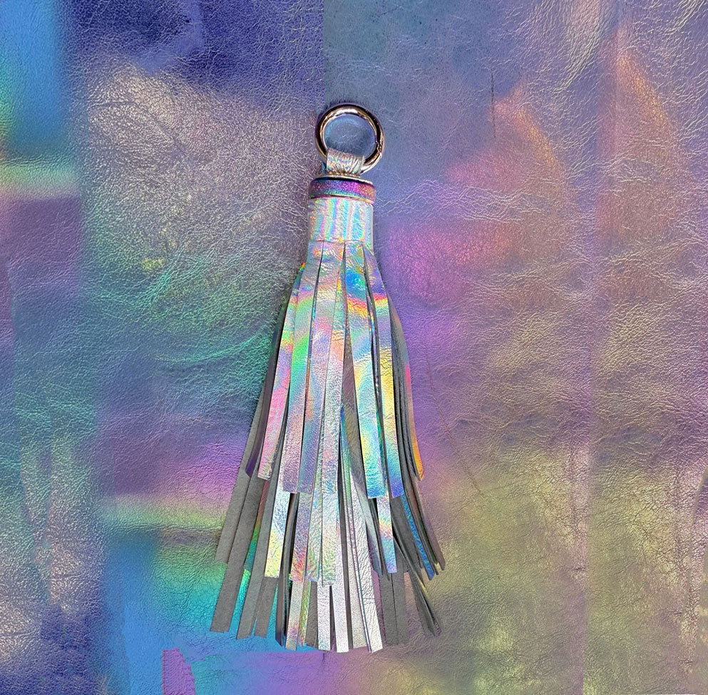Holographic Iridescent Leather tassel, quality strong hardware, keyring tassel