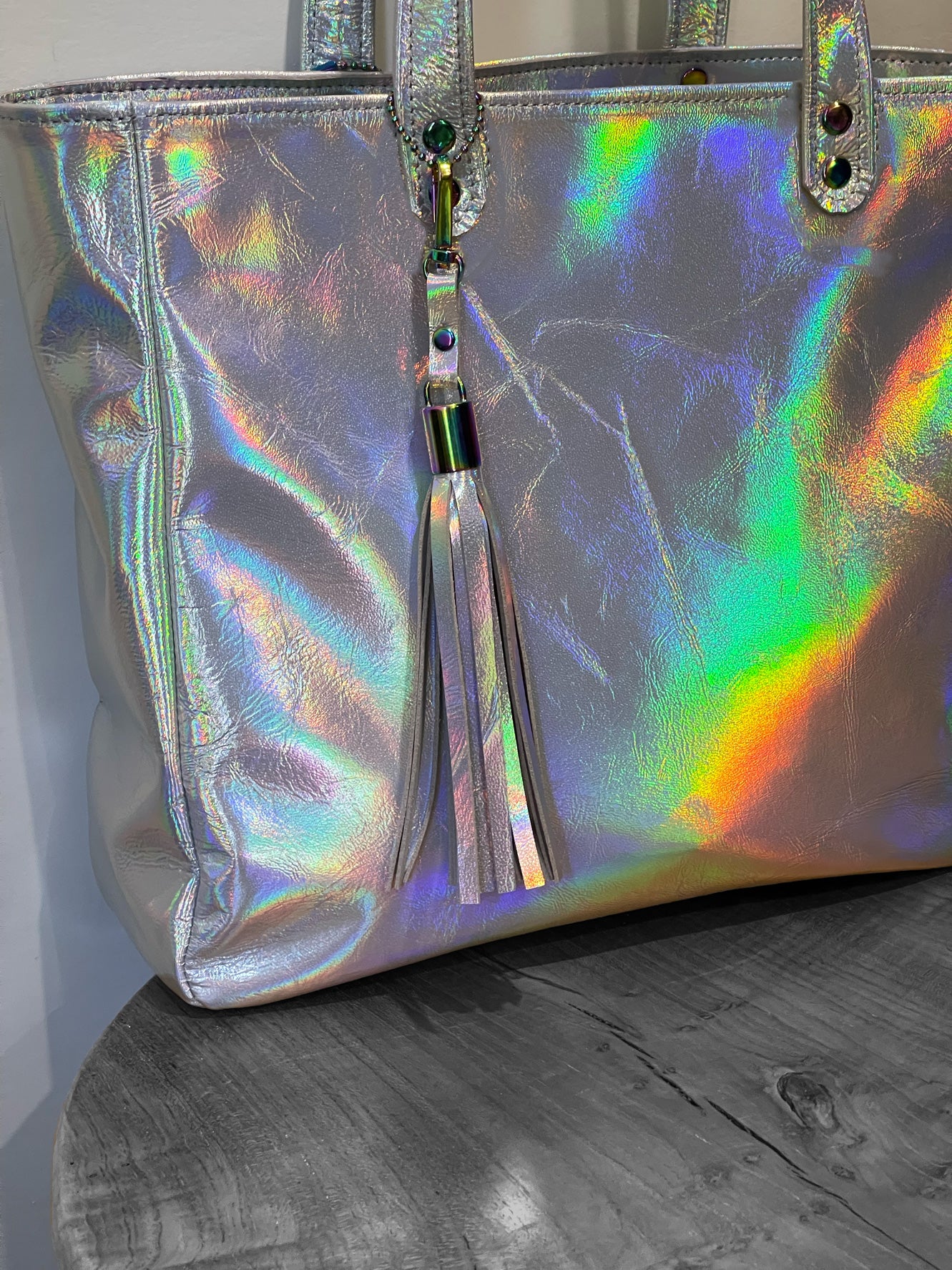 Holographic Leather Tote, iridescent leather, free purse, magnet or zipper close
