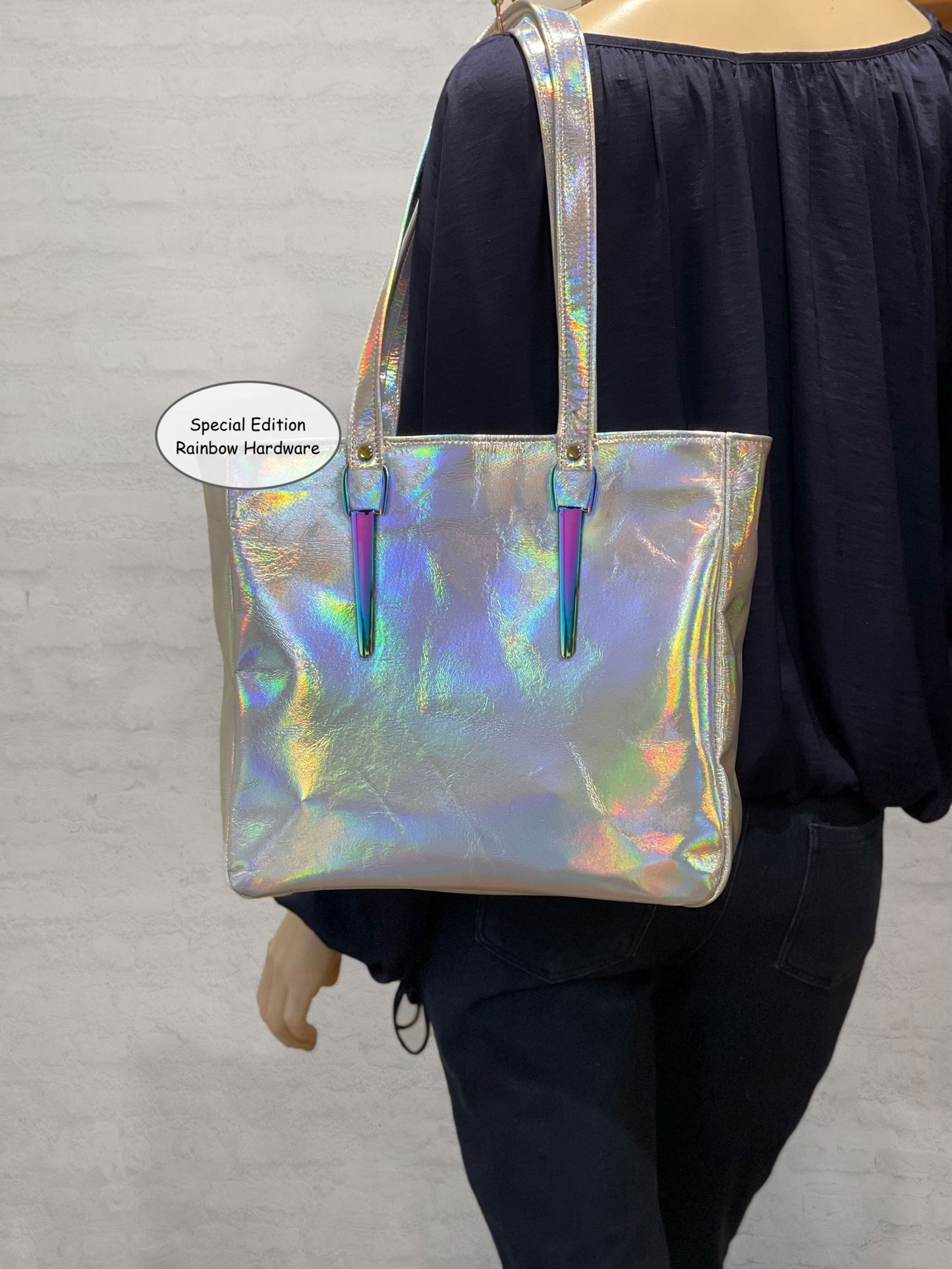 Holographic Leather Tote, iridescent leather, free purse, magnet or zipper close