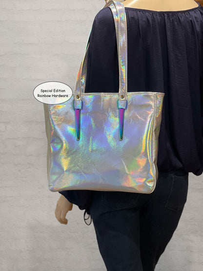 Holographic Leather Tote, iridescent leather, free purse, magnet or zipper close