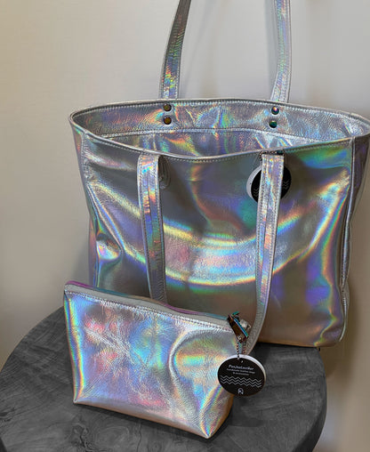 Holographic Leather Tote, iridescent leather, free purse, magnet or zipper close