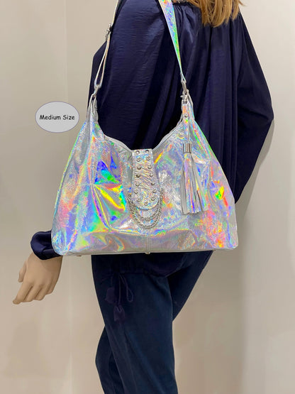 Holographic Leather Hobo, iridescent silver Italian premium leather