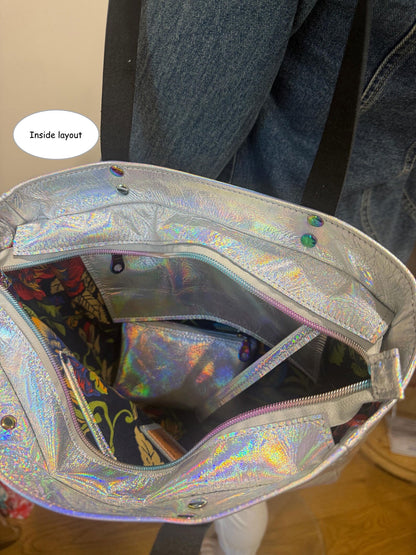 Holographic Leather Tote, iridescent leather, FREE purse, magnet or zipper close