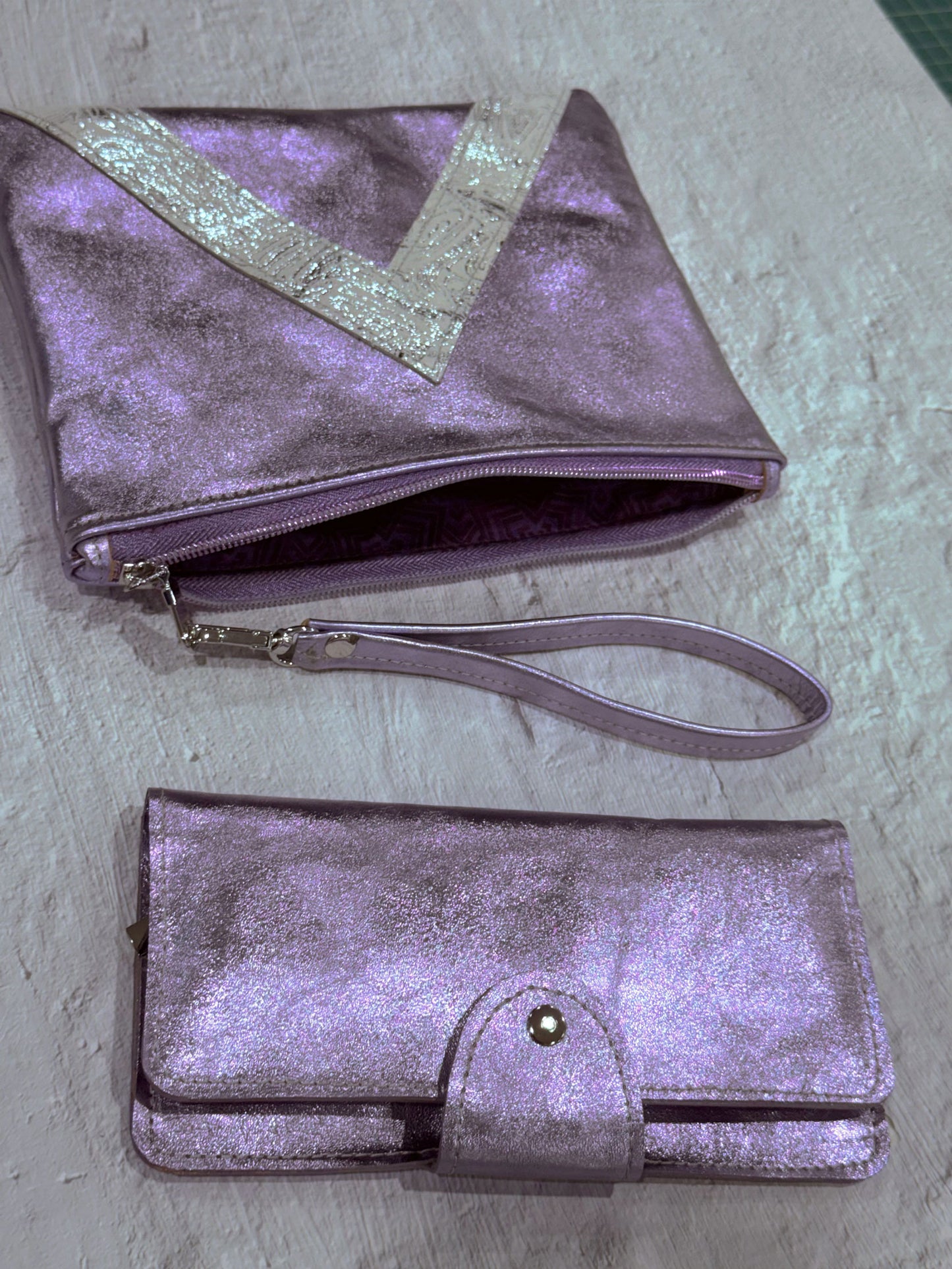 Lavender Metallic Leather Wristlet Clutch