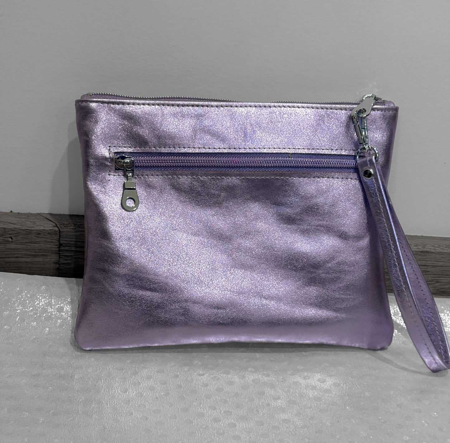 Lavender Metallic Leather Wristlet Clutch