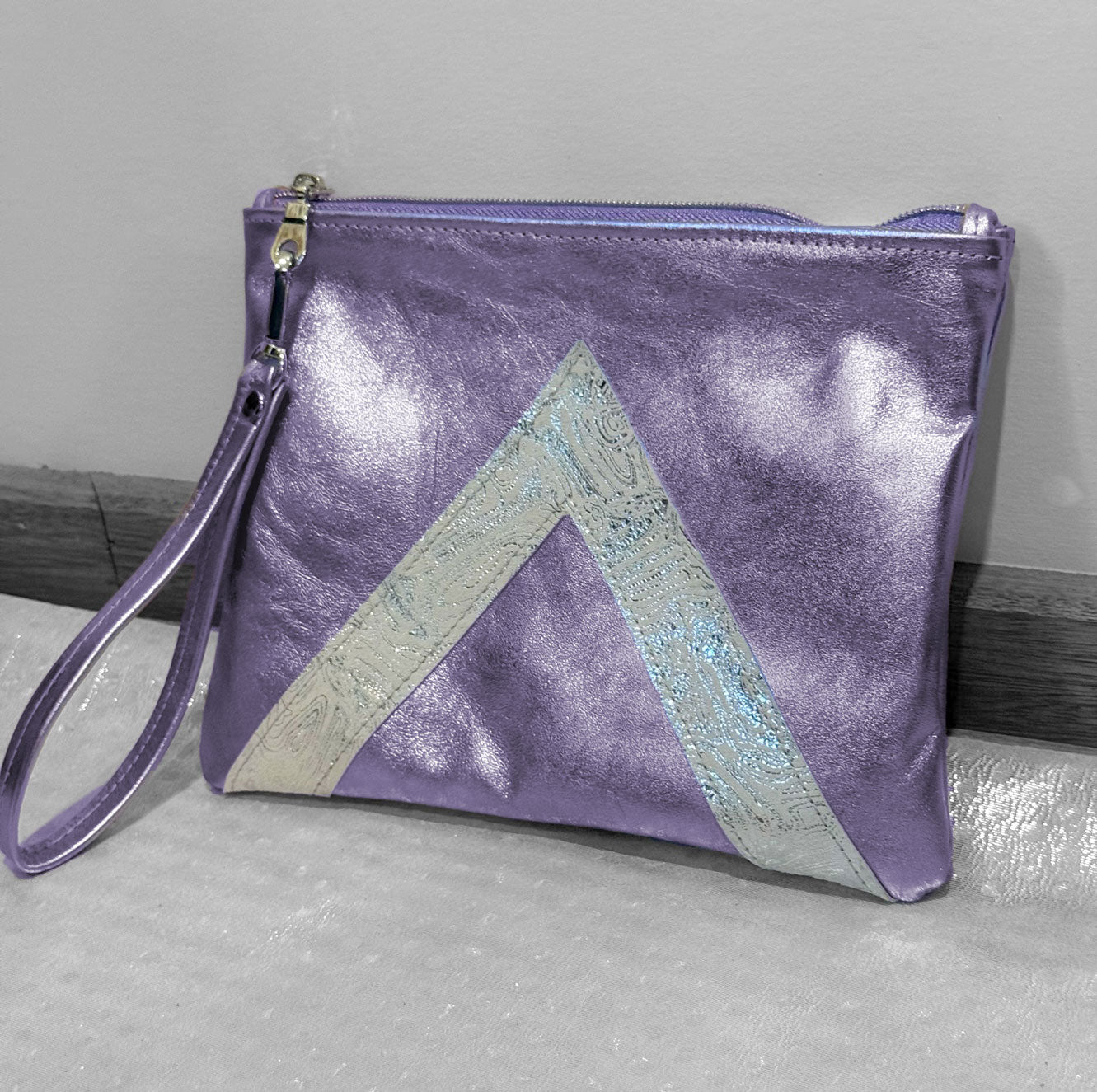 Lavender Metallic Leather Wristlet Clutch