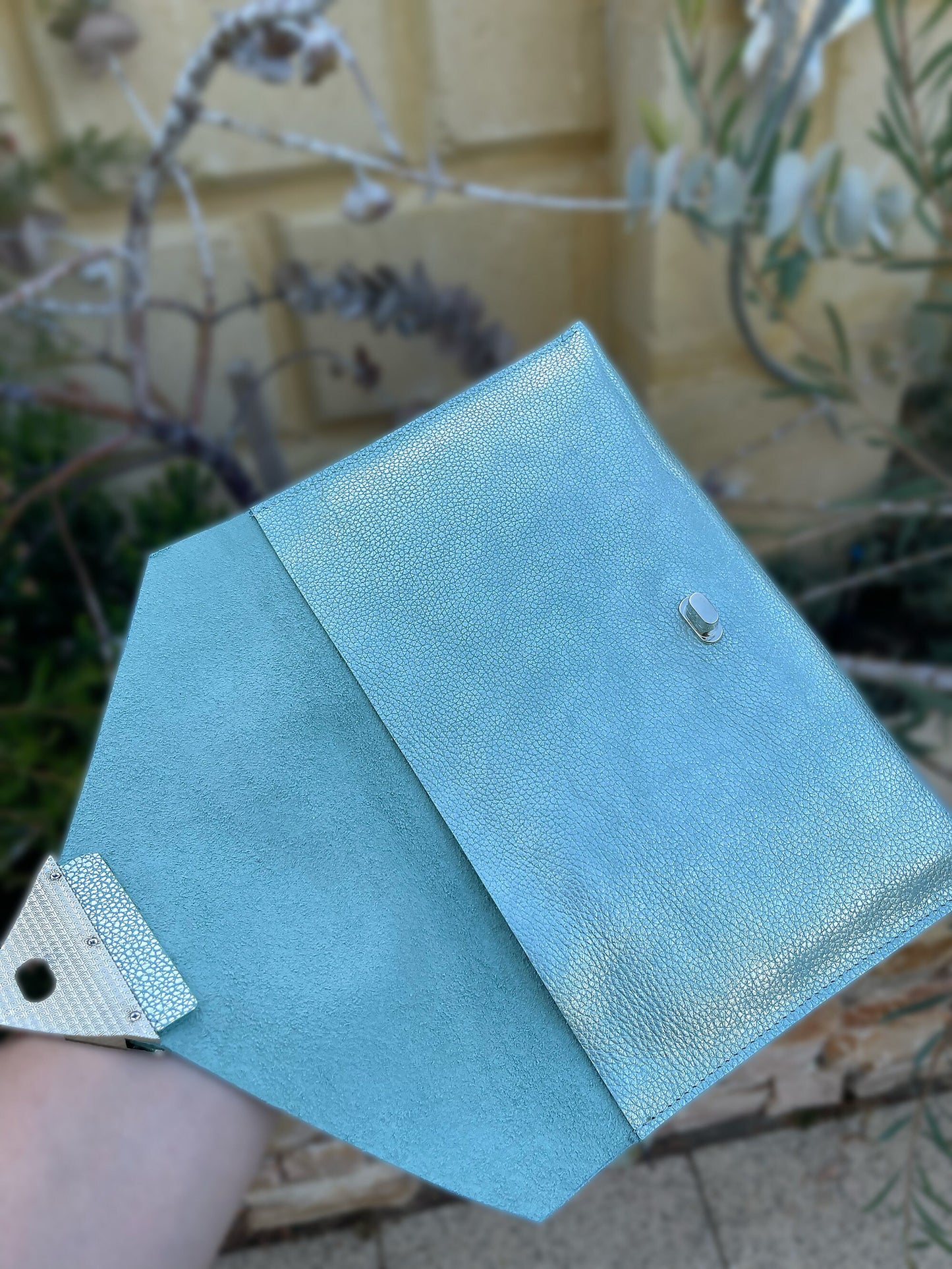 inside suede soft blue iridescent leather wallet clutch