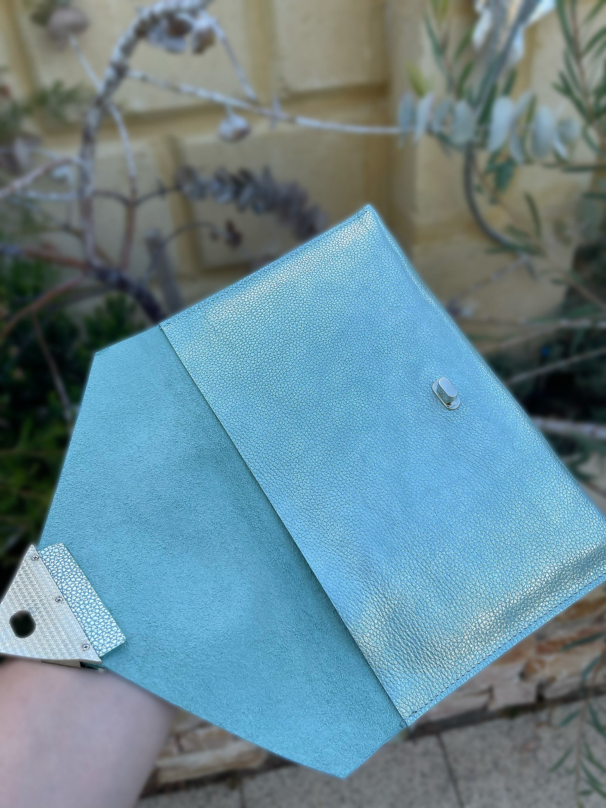 inside suede soft blue iridescent leather wallet clutch