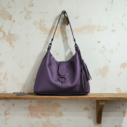Purple Top Grain Leather Italian Hobo Shoulder Bag