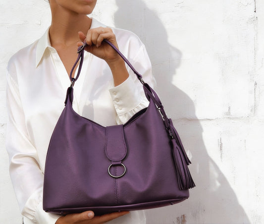 Purple Top Grain Leather Italian Hobo Shoulder Bag