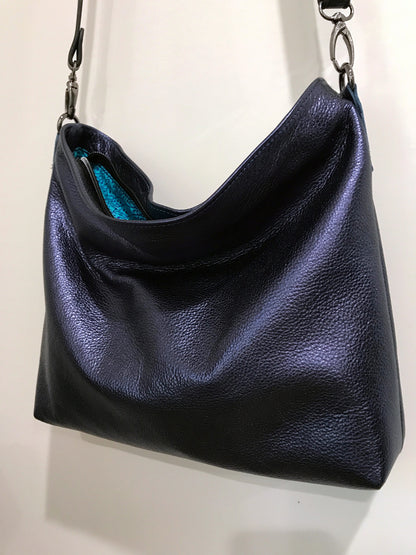 Navy Metallic blue leather Shoulder bag, or Crossbody with zipper pocket and key clasp