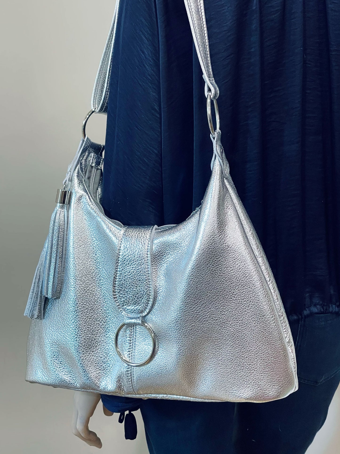 Metallic Silver Leather Italian Hobo Bag