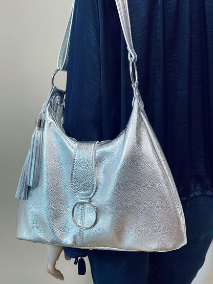 Metallic Silver Leather Italian Hobo Bag