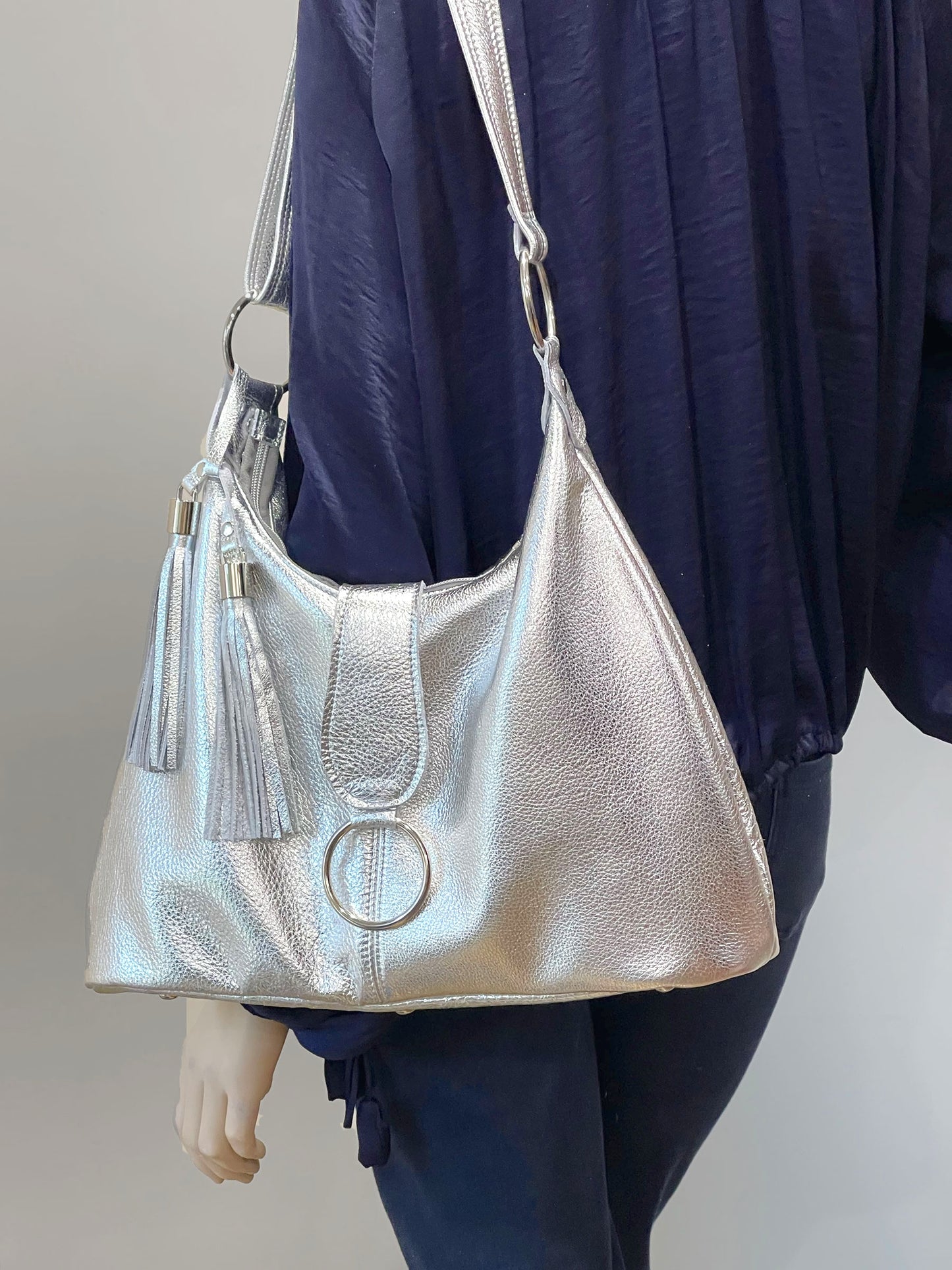 Metallic Silver Leather Italian Hobo Bag