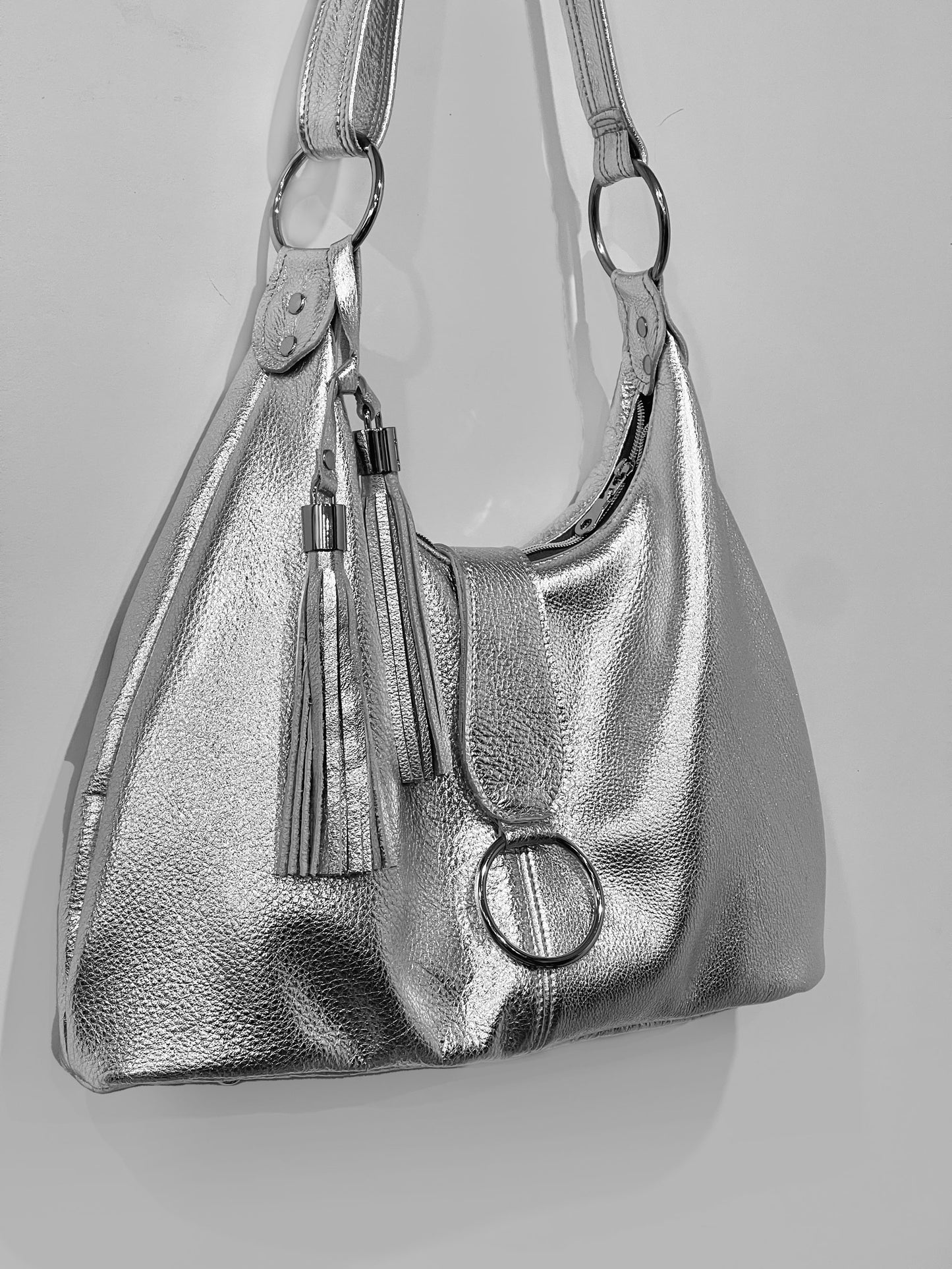 Metallic Silver Leather Italian Hobo Bag