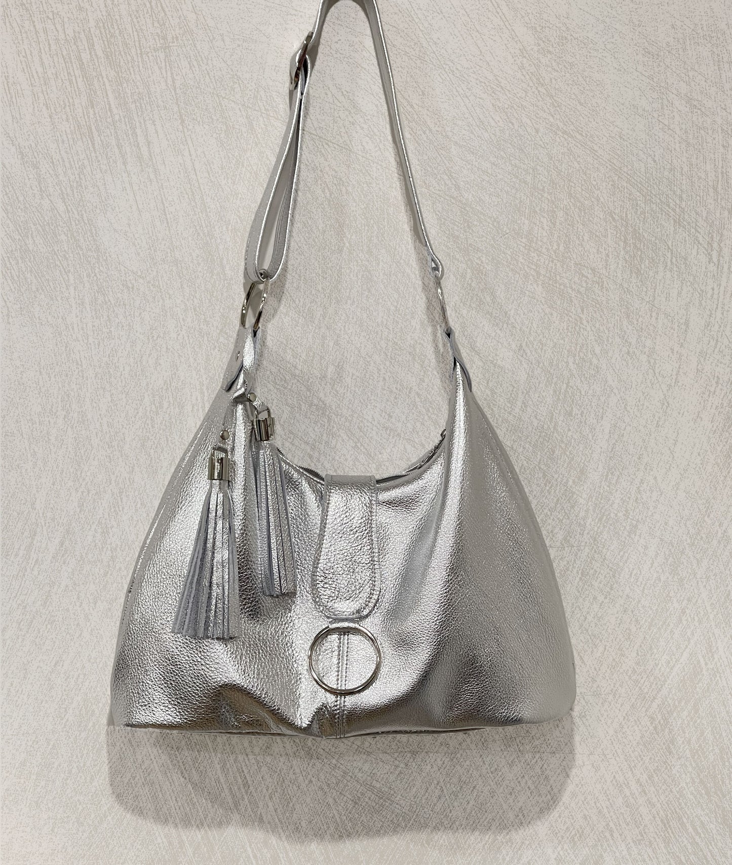 Metallic Silver Leather Italian Hobo Bag