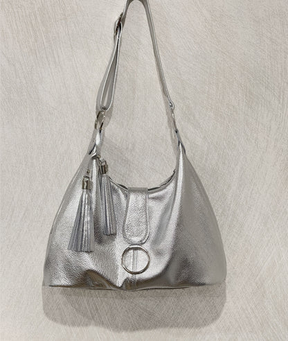 Metallic Silver Leather Italian Hobo Bag