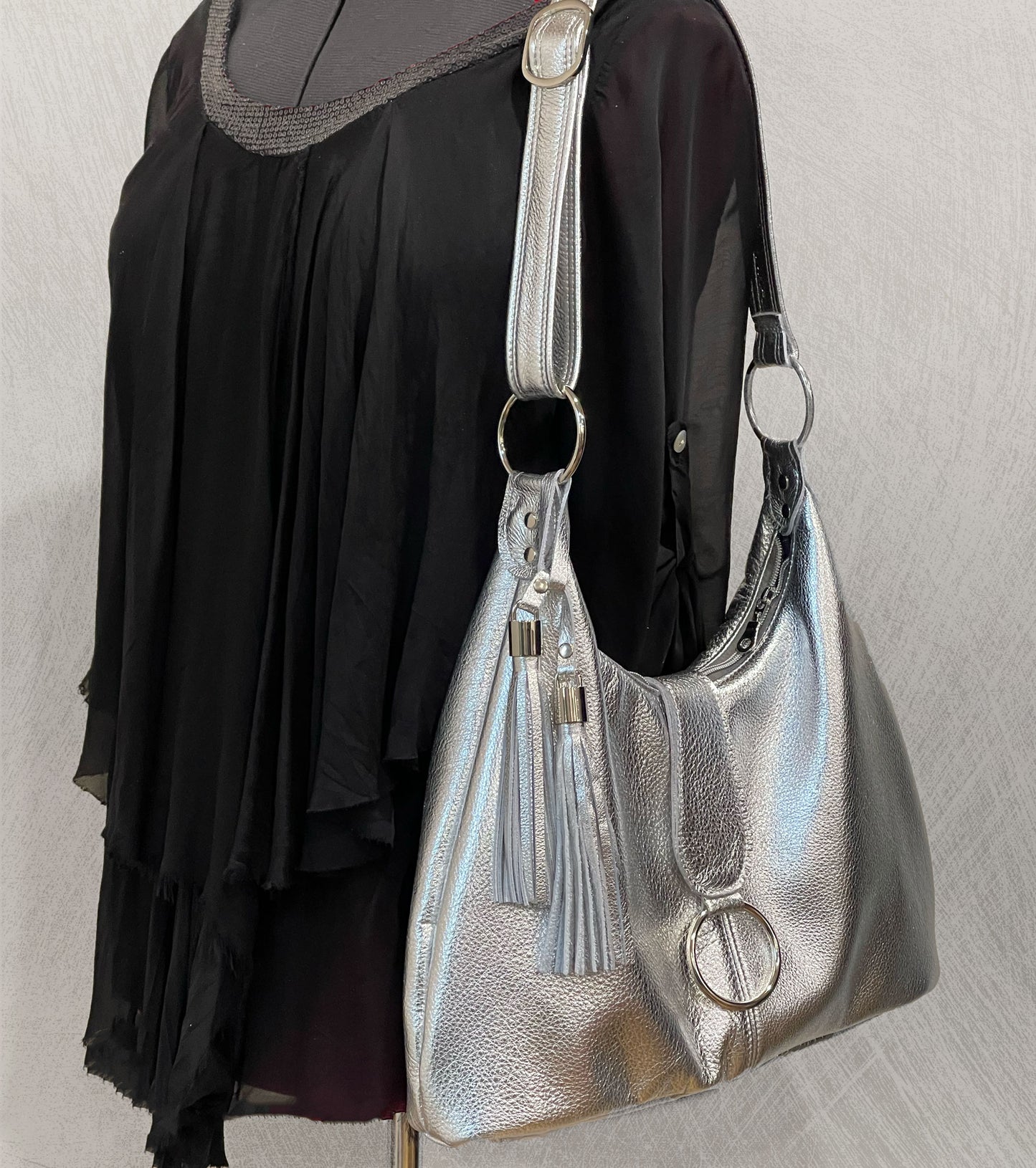 Metallic Silver Leather Italian Hobo Bag