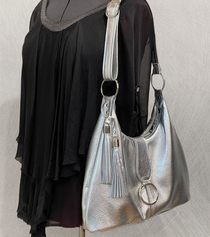 Metallic Silver Leather Italian Hobo Bag