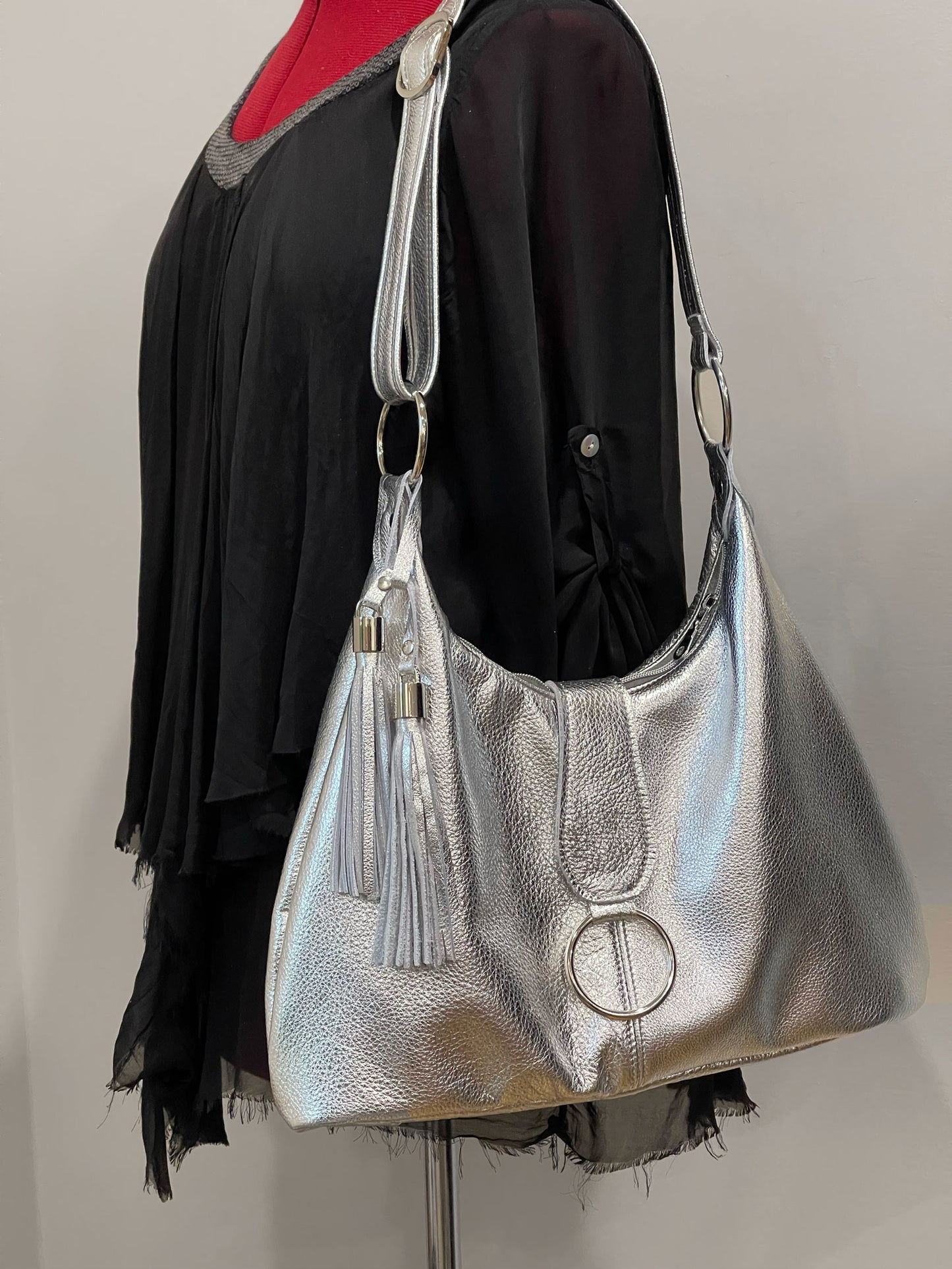 Metallic Silver Leather Italian Hobo Bag