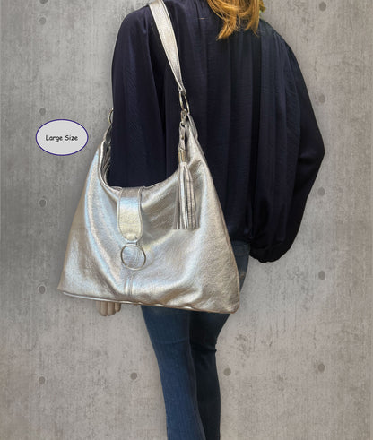 Metallic Silver Leather Italian Hobo Bag