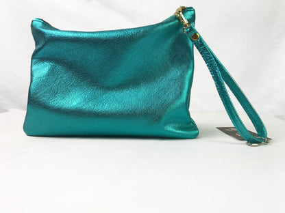 aqua turquoise clutch bag with a wrist strap for carrying essentials