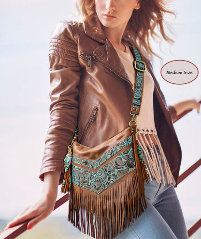 Tooled turquoise and brown Leather Fringe Bag