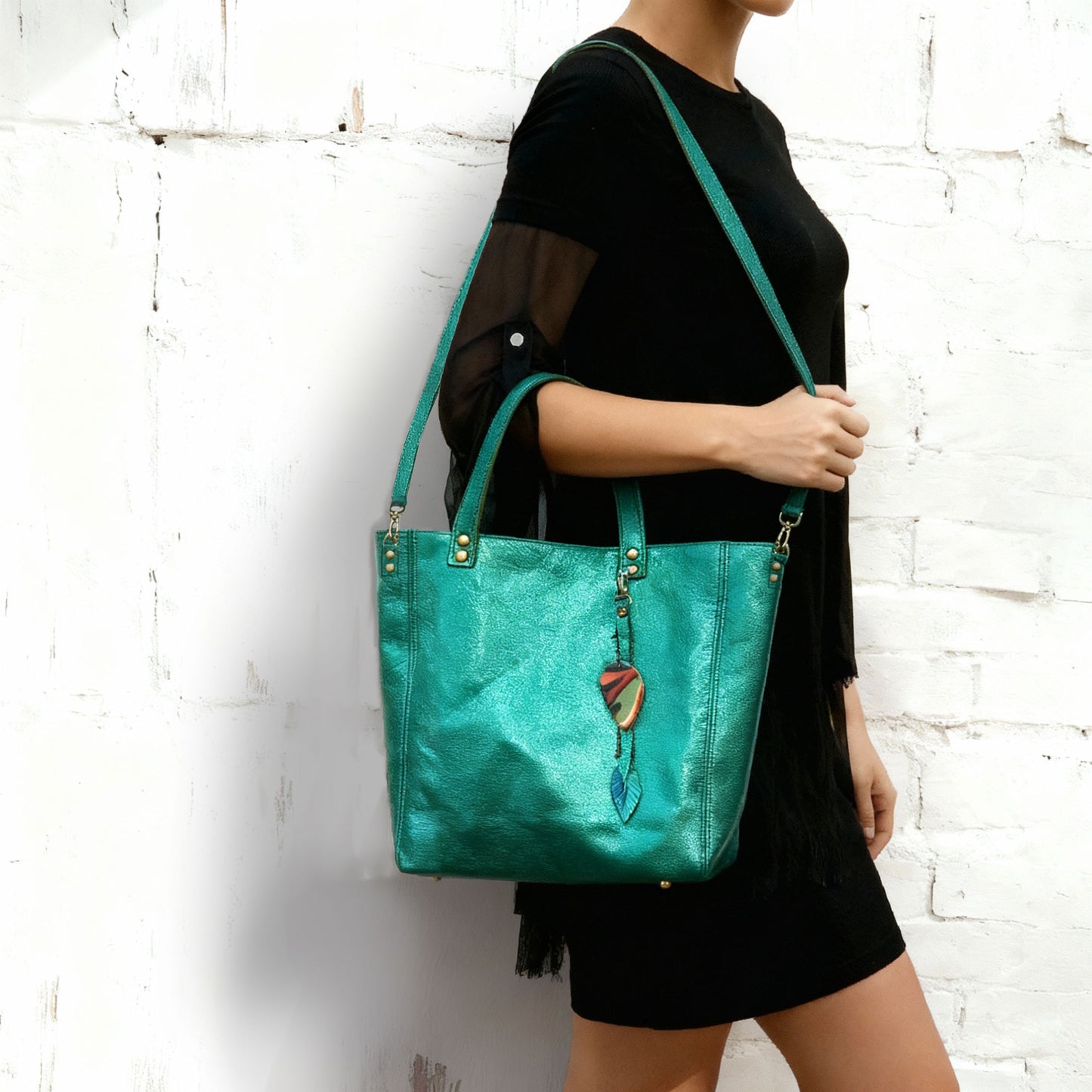 Emerald Green Metallic Leather Tote, zipper pocket and free leather purse